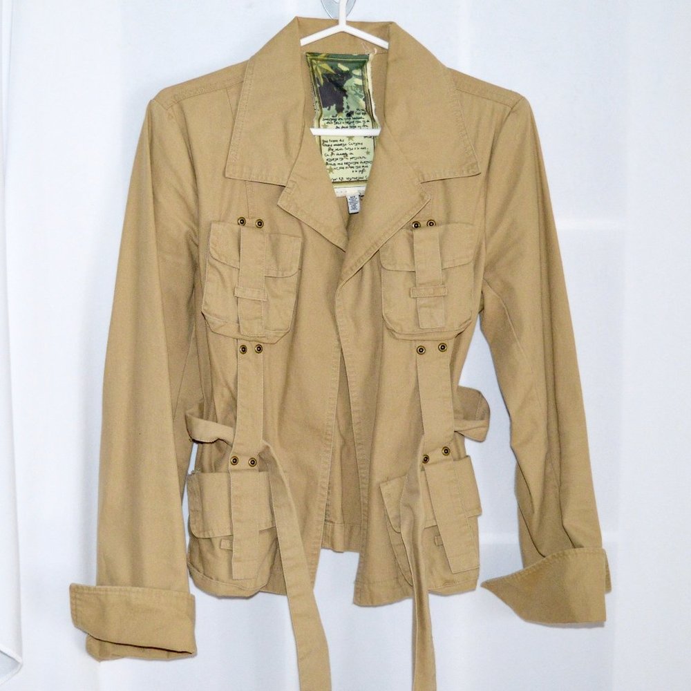 Vintage Women's Safari Style Belted Tan Jacket with Military Tactical Pockets